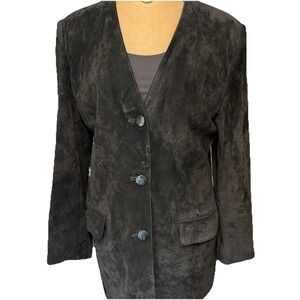 Vtg Evan Davies Suede Button Front Collarless Jacket Black‎ Sz 12 Women's Lined